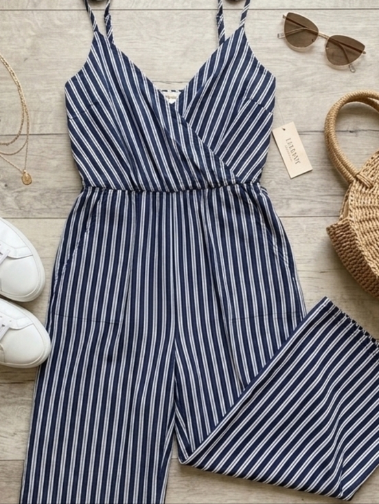 Garage Pants - Garage Navy Blue Striped Wrap Jumpsuit